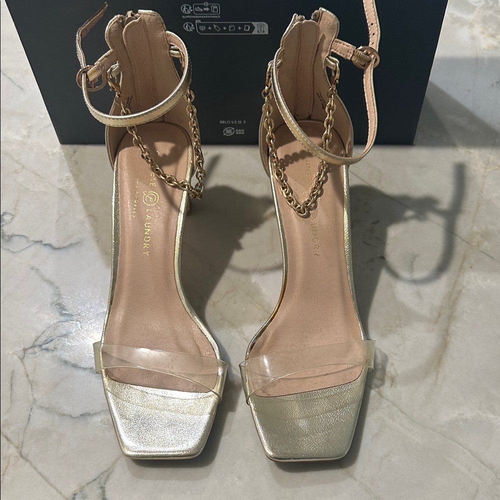 Chinese Laundry Metallic Gold Chain Heels clear strap over toes. 8.5